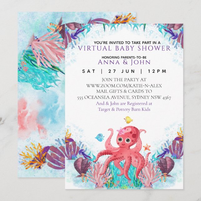 Ocean Sea Octopus colourful Virtual Baby Shower  Invitation (Front/Back)