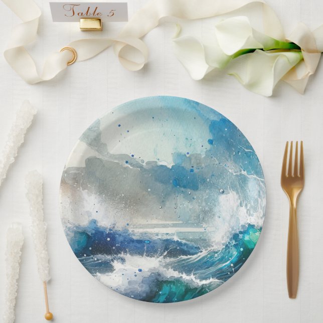 Ocean Sea Splash Watercolor Waves Birthday Party Paper Plate (Wedding)