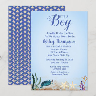 Ocean Sea Turtle Blue Boys Starfish Baby Shower Invitation