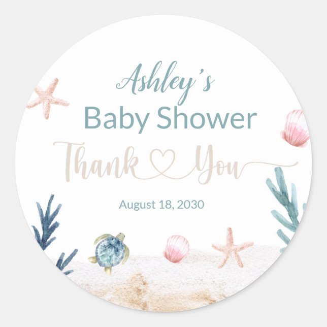 Ocean Sea Turtle Girl Thank You Baby Shower Favour Classic Round Sticker (Front)
