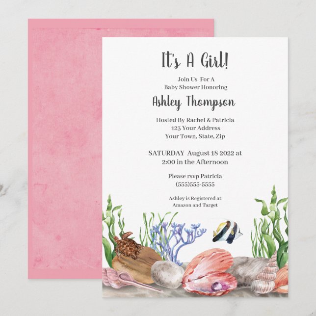 Ocean Sea Turtle Girls Baby Shower Invitation (Front/Back)
