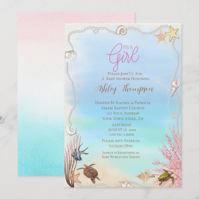 Ocean Sea Turtle Girls Baby Shower Invitation (Front/Back)