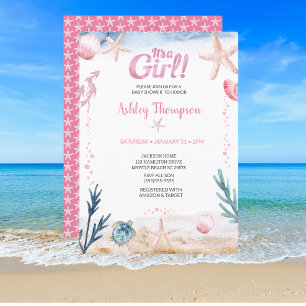 Ocean Sea Turtle Pink Girls Starfish Baby Shower   Invitation