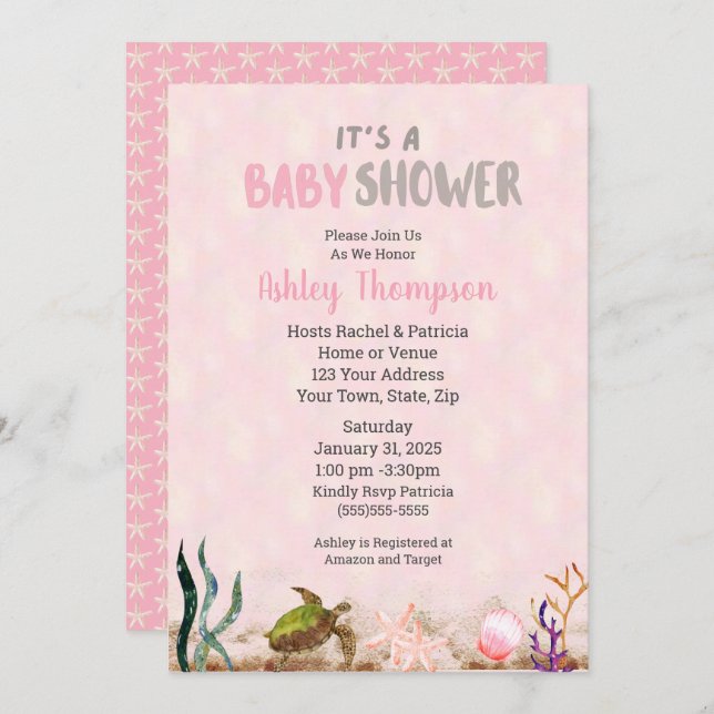 Ocean Sea Turtle Pink Girls Starfish Baby Shower   Invitation (Front/Back)