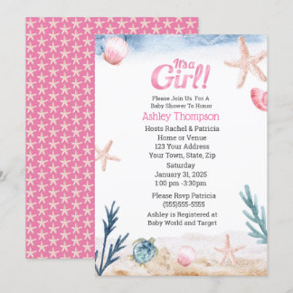 Ocean Sea Turtle Pink Girls Starfish Baby Shower Invitation