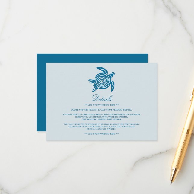 Ocean Sea Turtle, Sea Blue Beach Wedding Detail Enclosure Card (Front/Back In Situ)