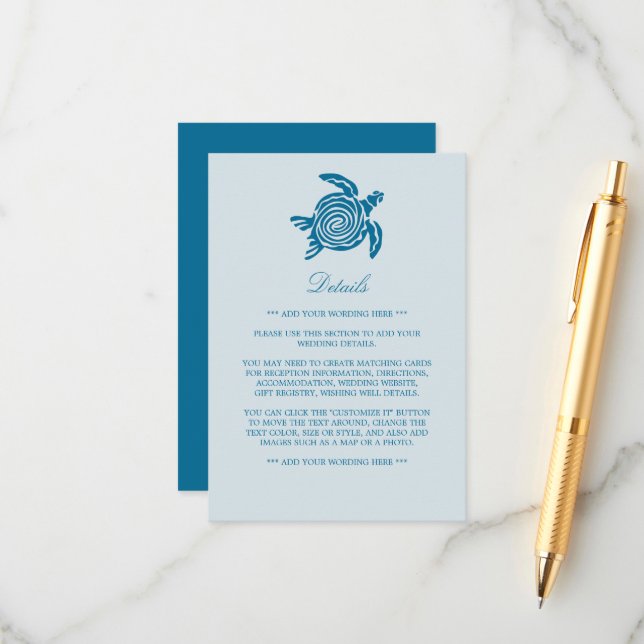 Ocean Sea Turtle, Sea Blue Beach Wedding Detail Enclosure Card (Front/Back In Situ)