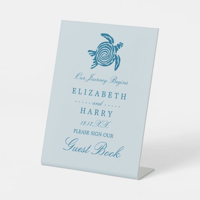 Ocean Sea Turtle, Sea Blue Beach Wedding Pedestal Sign (Front)