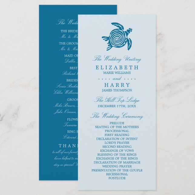 Ocean Sea Turtle, Sea Blue Beach Wedding Programme (Front/Back)