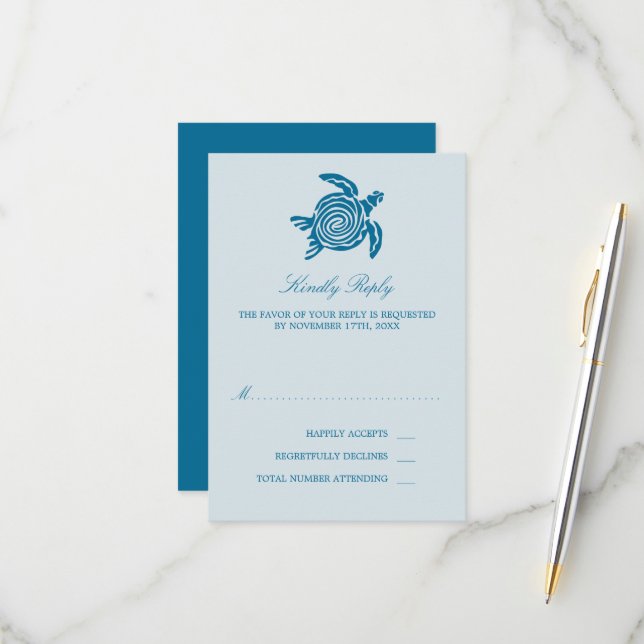 Ocean Sea Turtle, Sea Blue Beach Wedding RSVP Card (Front/Back In Situ)
