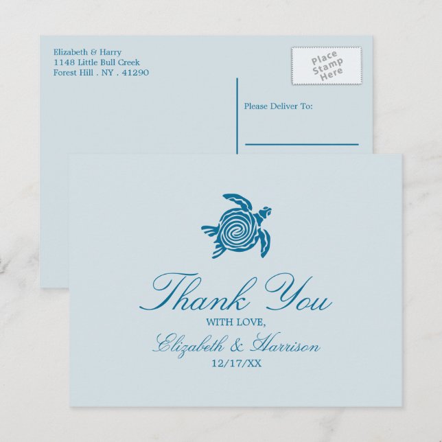 Ocean Sea Turtle, Sea Blue Beach Wedding Thank You Postcard (Front/Back)