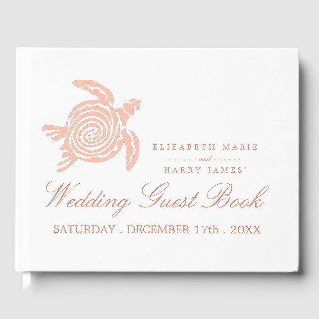 Ocean Sea Turtle, Soft Coral Beach Wedding Guest Book (Front)