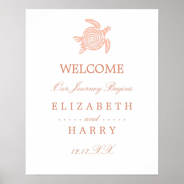 Ocean Sea Turtle, Soft Coral Beach Wedding Welcome Poster (Front)