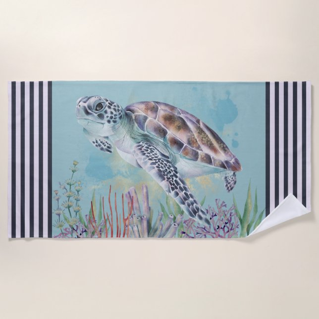 Ocean Sea Turtle Stripes Beach Towel (Front)