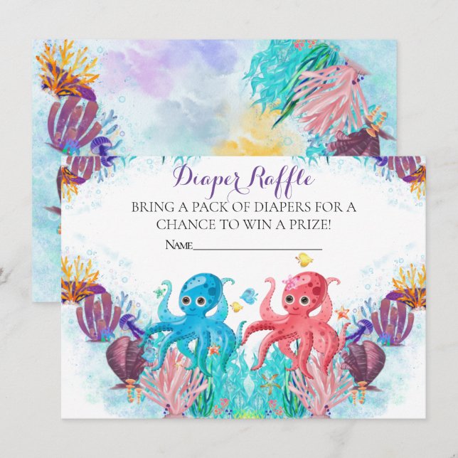 Ocean sea Twins Octopus party Diaper Raffle Enclosure Card (Front/Back)