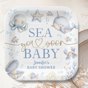 Ocean Sea You Soon Baby Shower Boy Blue Paper Plate