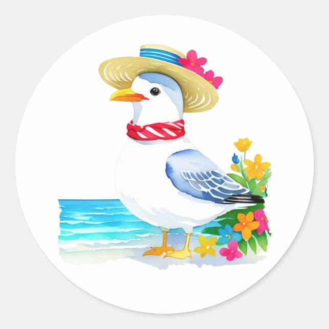 Ocean seagull with beach hat & scarf classic round sticker (Front)