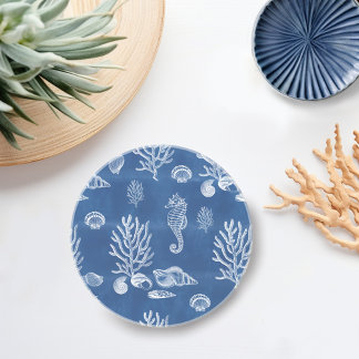 Ocean Seahorse in Blue & White Coaster