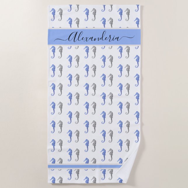 Ocean Seahorse Tropical blue grey Beach Towel (Front)