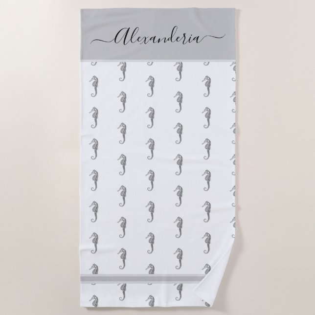 Ocean Seahorse Tropical Grey Beach Towel (Front)