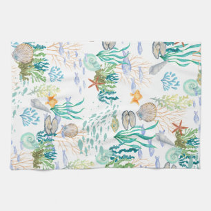 Ocean Sealife Seashells Starfish Fish Tea Towel