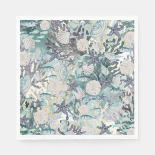 Ocean Sealife Starfish Coral Light Teal Grey Beige Napkin