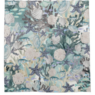 Ocean Sealife Starfish Coral Light Teal Grey Beige Shower Curtain