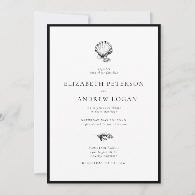 Ocean Seashell Modern Minimal Black White Wedding Invitation (Front)