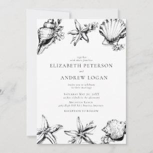 Ocean Seashell Modern Minimal Black White Wedding Invitation