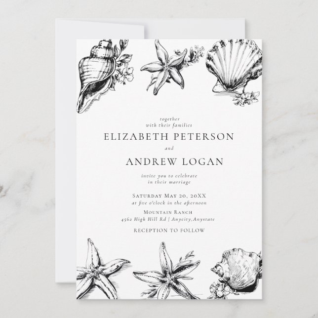 Ocean Seashell Modern Minimal Black White Wedding  Invitation (Front)