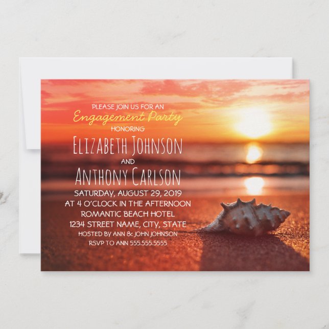 Ocean Seashell Sunset Beach Engagement Party Invitation (Front)
