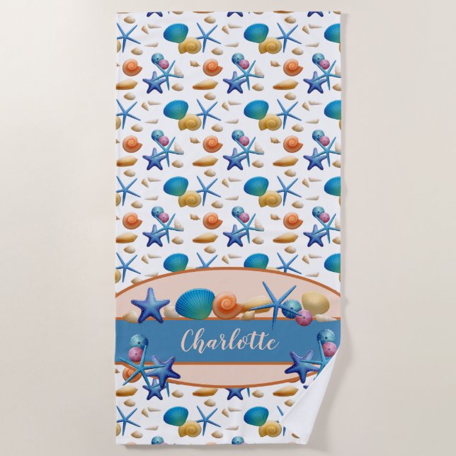 Ocean Seashells Colourful Personalised Beach Towel (Front)