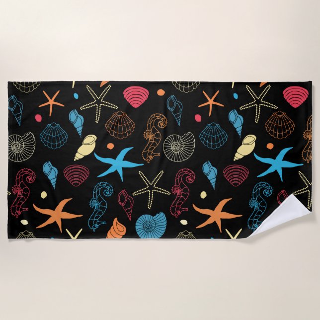 Ocean Seashells Starfish & Seahorse Sea Life Beach Towel (Front)