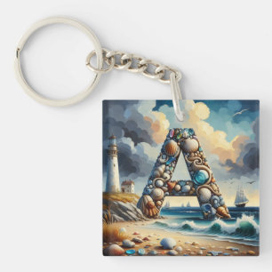 Ocean Seashore Lighthouse Sailboat Monogram A Key Ring