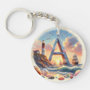 Ocean Seashore Lighthouse Sailboat Monogram A Key Ring