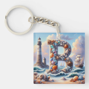 Ocean Seashore Lighthouse Sailboat Monogram B Key Ring