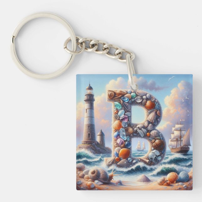 Ocean Seashore Lighthouse Sailboat Monogram B Key Ring (Front)
