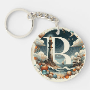 Ocean Seashore Lighthouse Sailboat Monogram B Key Ring