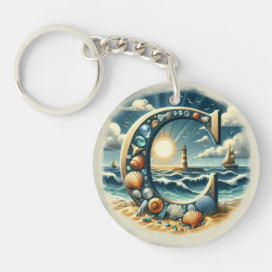 Ocean Seashore Lighthouse Sailboat Monogram C Key Ring