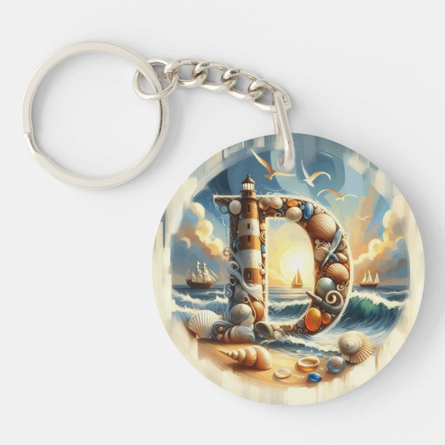 Ocean Seashore Lighthouse Sailboat Monogram D Key Ring (Front)
