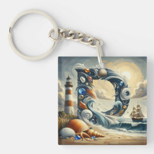 Ocean Seashore Lighthouse Sailboat Monogram D Key Ring