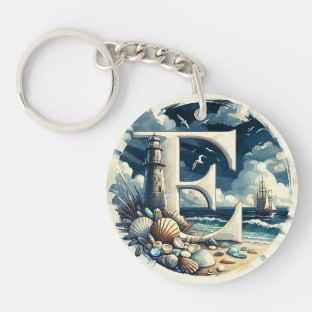 Ocean Seashore Lighthouse Sailboat Monogram E Key Ring (Front)