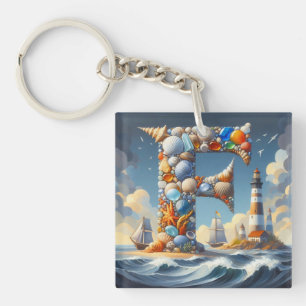 Ocean Seashore Lighthouse Sailboat Monogram F Key Ring