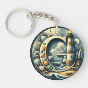 Ocean Seashore Lighthouse Sailboat Monogram G Key Ring