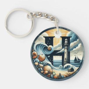 Ocean Seashore Lighthouse Sailboat Monogram H Key Ring