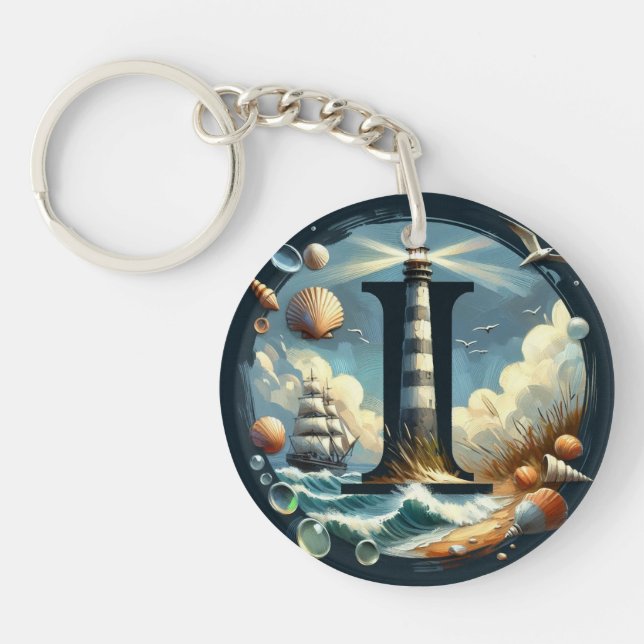 Ocean Seashore Lighthouse Sailboat Monogram I Key Ring (Front)