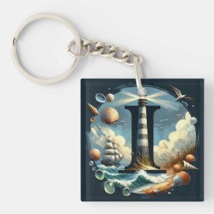 Ocean Seashore Lighthouse Sailboat Monogram I Key Ring