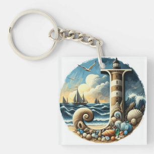 Ocean Seashore Lighthouse Sailboat Monogram J Key Ring