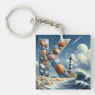 Ocean Seashore Lighthouse Sailboat Monogram K Key Ring