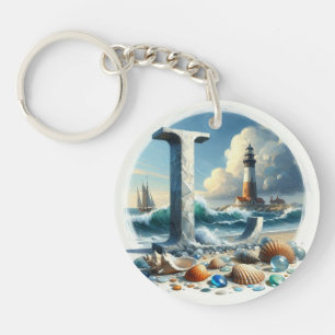 Ocean Seashore Lighthouse Sailboat Monogram L Key Ring